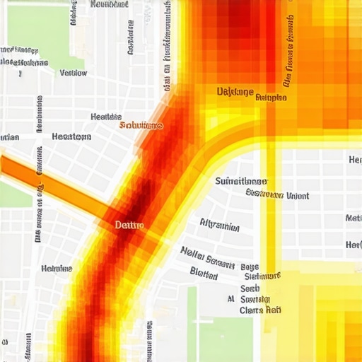 City Map Heatmap for Local SEO Heatmap visualization of customer interaction hotspots on a city map.