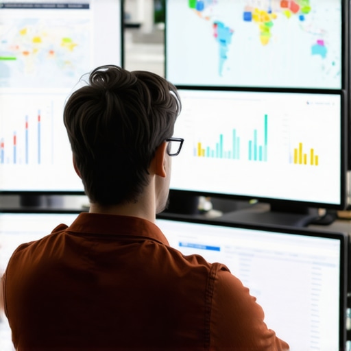 Person working on local SEO analytics with multiple screens showing maps and charts.