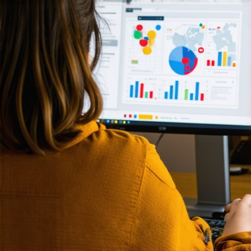 Person reviewing local SEO analytics on a computer with graphs and maps in a professional office setting