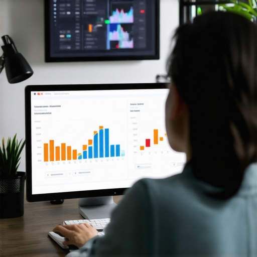 Person reviewing SEO analytics on a desktop computer with charts and graphs