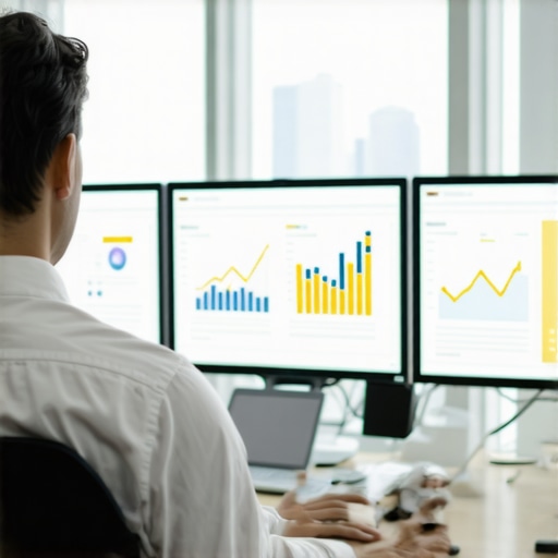 A professional analyzing local SEO performance metrics on multiple monitors