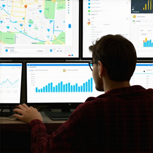 Person reviewing various local SEO analytics dashboards on multiple screens