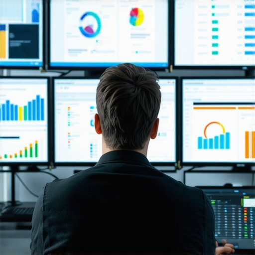 Monitoring Local SEO Dashboards for Ongoing Success A person analyzing local SEO dashboards on multiple screens, representing SEO maintenance and monitoring.