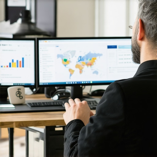 Business owner analyzing local SEO performance across ranking, citations, maps, and reviews on digital displays.