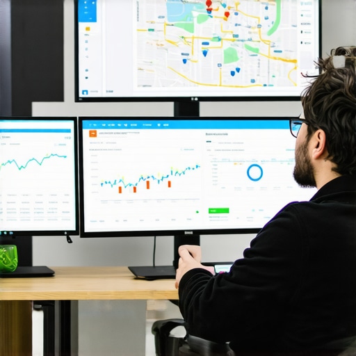 Person working on local SEO analytics on multiple screens, showcasing maps, rankings, and reviews.