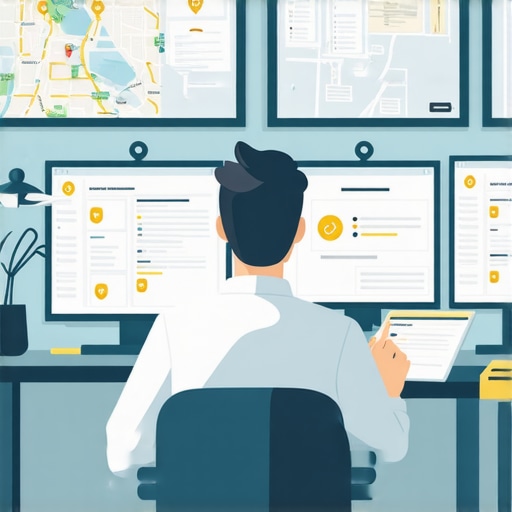 A person analyzing digital maps and analytics on computer screens, symbolizing local SEO optimization.
