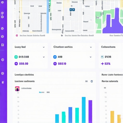 Dashboard showing local SEO metrics like rankings, citations, reviews, and map analytics