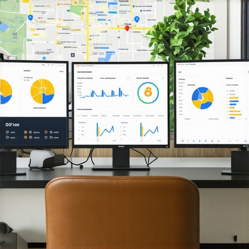 Screenshot of a sophisticated local SEO dashboard showing analytics, maps, and AI indicators.
