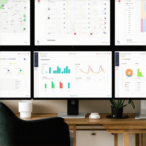 Screens displaying maps analytics, rank tracking, citation health, and review management dashboards on a modern office desk.