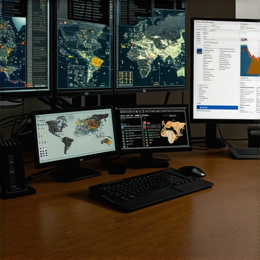 Optimized Local SEO Workspace A professional workspace with screens showing local SEO analytics and tools.