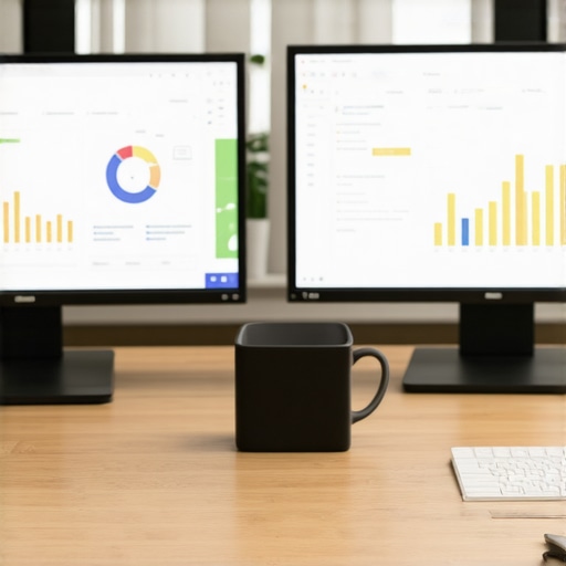 A professional's desk with dual monitors displaying SEO analytics and dashboards.