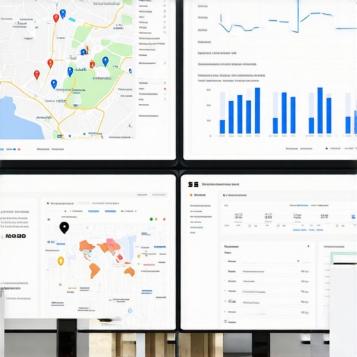 SEO Specialist Reviewing Map Analytics Data An SEO professional reviewing local map analytics on computer screens, showing graphs and maps.