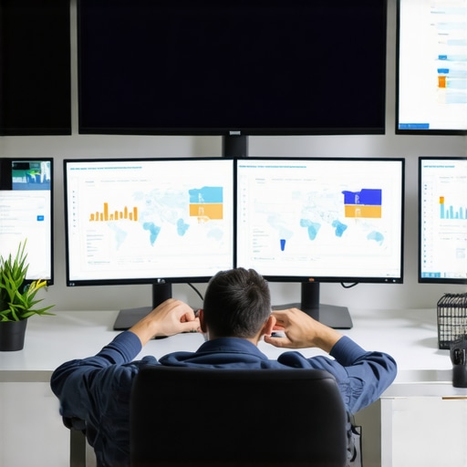 Managing Local SEO Tools Person overseeing SEO analytics on computer screens with maps and graphs.