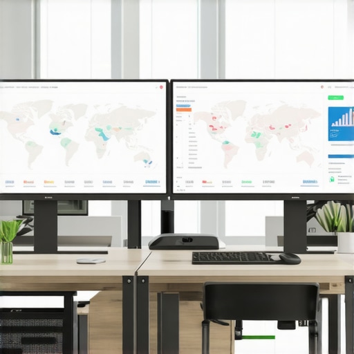 A modern office setup with advanced SEO analytics dashboards showing maps and rankings.