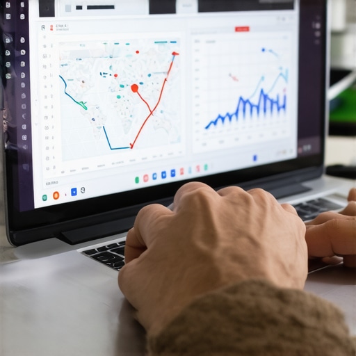 Person configuring SEO software on laptop with data charts and maps