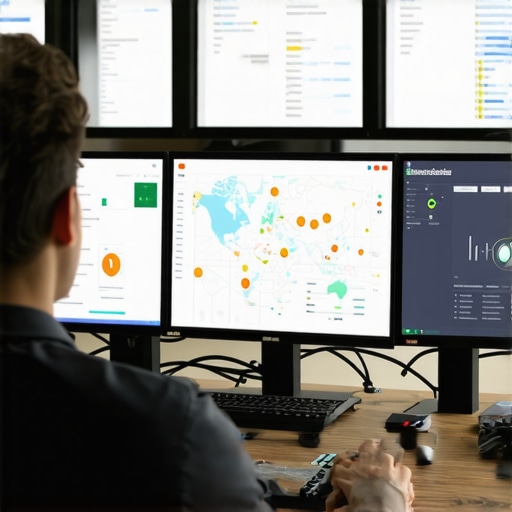 Digital marketing analyst reviewing local SEO analytics on multiple screens.
