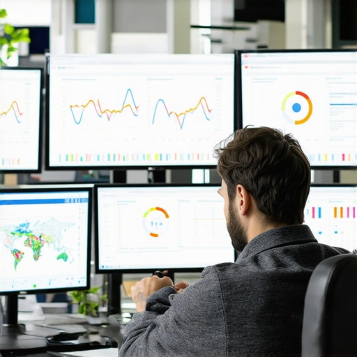 A person analyzing local SEO data on multiple screens with maps and analytics charts.