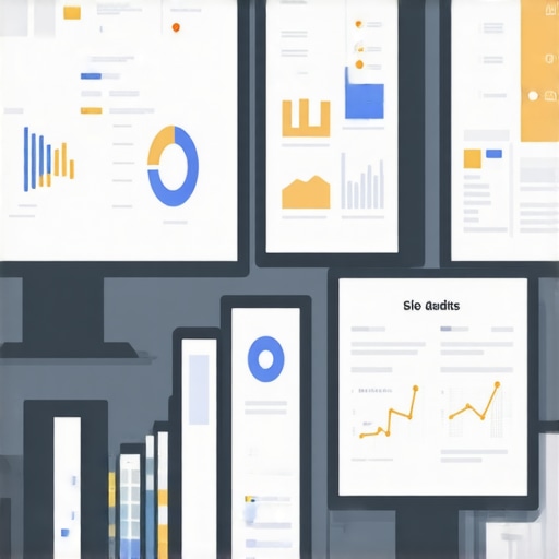 Close-up of a desk with monitors displaying local SEO software and analytics dashboards.