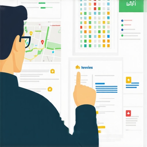 Illustration of a person analyzing local SEO data on a digital dashboard with maps, citations, and reviews.