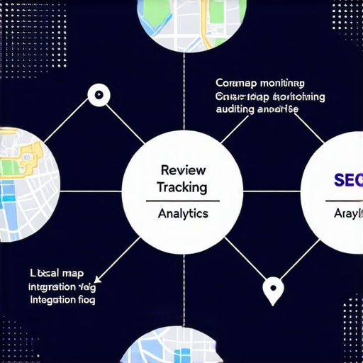 Infographic illustrating steps for monitoring local map grid shifts and optimizing SEO