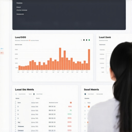 Monitoring Local SEO Performance A professional analyzing various local SEO analytics dashboards on multiple screens from a modern office