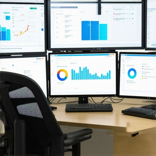 Desk with monitors showing SEO and analytics dashboards