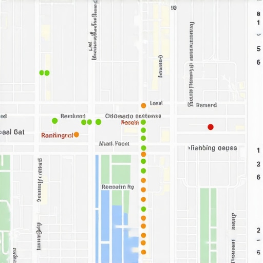 A digital map showing local SEO rank tracking grid across a city landscape.