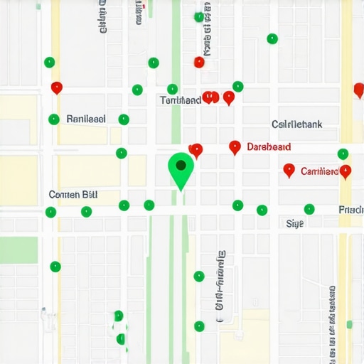 A digital map displaying localized ranking data nodes for a service business.
