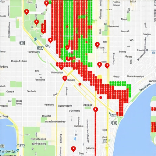 A grid-based heatmap showing local map rankings and proximity shifts across a city.