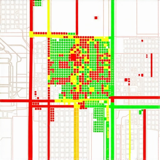 Analyzing local search proximity heatmaps A heatmap showing local search rankings across different city neighborhoods on a digital device.