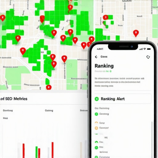 Automated Local SEO Monitoring Dashboard A digital map showing local SEO ranking heatmaps and automated alerts for business owners.