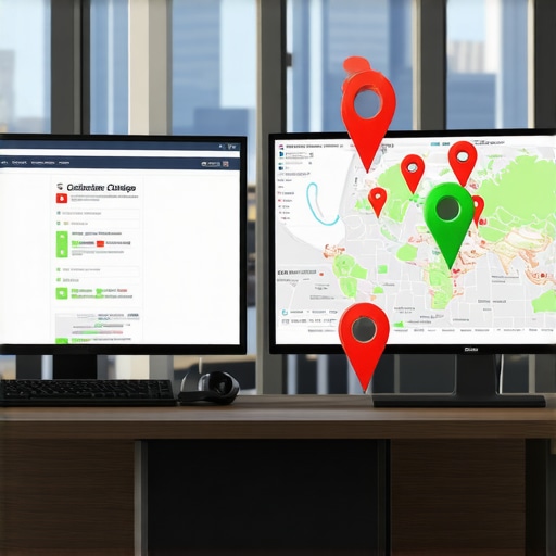 A laptop screen showing a local SEO audit with various business directory icons and map pins.
