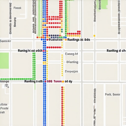 Hyper-Local Grid Ranking Visualization A 3D grid map showing varying local SEO rankings across a city neighborhood to demonstrate proximity-based search results.