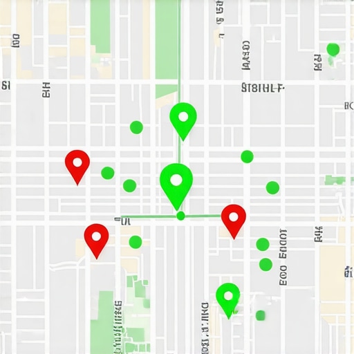 A digital map showing local SEO ranking bubbles and proximity data across a city neighborhood.