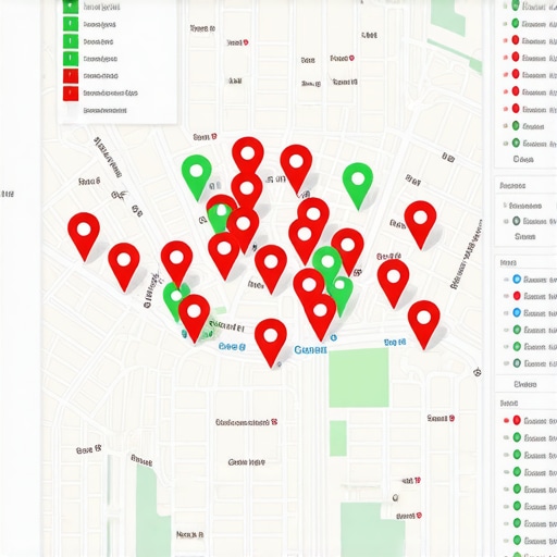 A digital heatmap showing local SEO ranking performance across different neighborhoods.