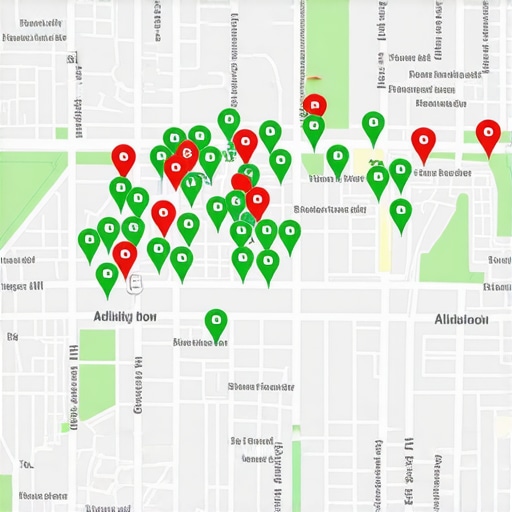 A map tracking tool showing local search ranking density across different city blocks.
