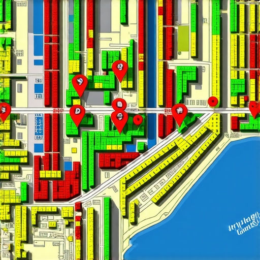 Local SEO Grid Ranking Visualization A heatmap grid showing local search engine ranking positions across a city neighborhood.