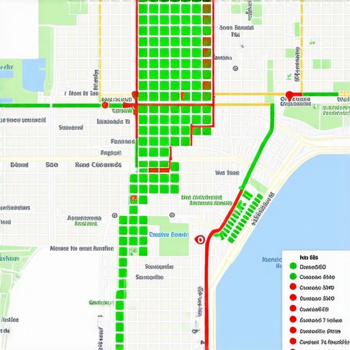 A detailed map-based ranking grid showing local search performance across a city neighborhood.