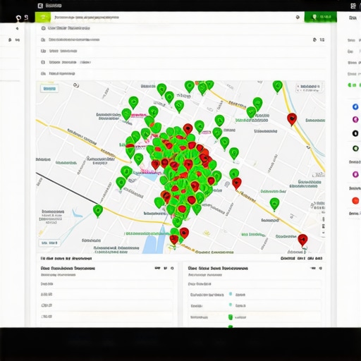 A rank tracker dashboard showing neighborhood-level ranking fluctuations on a city map.