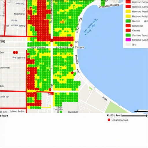 A map-based SEO tool showing ranking dominance across a local neighborhood grid.