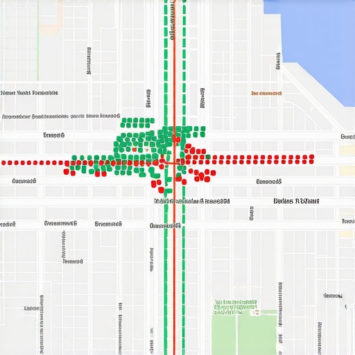 A digital map showing a local SEO ranking heatmap with green and red proximity dots.