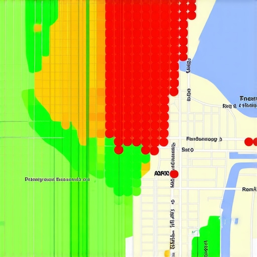 Local SEO Heatmap Showing Rank Proximity Gap A visual representation of local search rankings across a geographic area using a heatmap grid.
