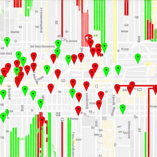 A visual representation of local search rankings across a city grid using SEO software.