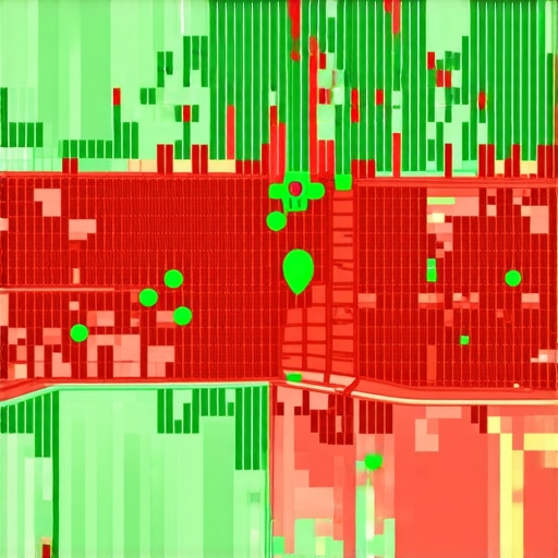 A visual representation of local search rankings using a colorful heatmap overlay on a city map.