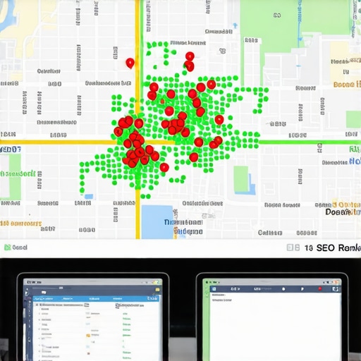 Local SEO Map Grid Analytics Dashboard A detailed local SEO rank tracker grid showing map visibility across different neighborhoods.