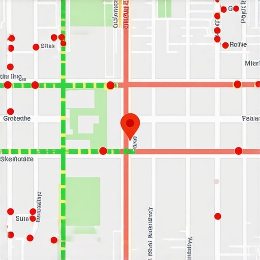 A digital map showing local SEO ranking dots across a city grid.