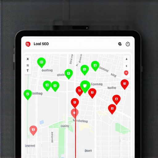 A digital tablet displaying a proximity rank tracker grid over a city map to visualize local search visibility.