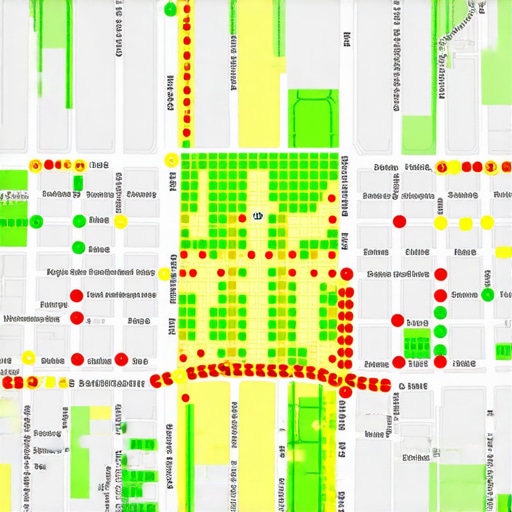 Local SEO Proximity Grid Visualization A heatmap showing local search engine ranking positions across a city neighborhood grid.