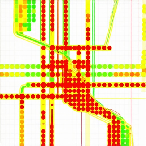 A digital map showing local SEO proximity rankings with a grid of green and red data points for a business.