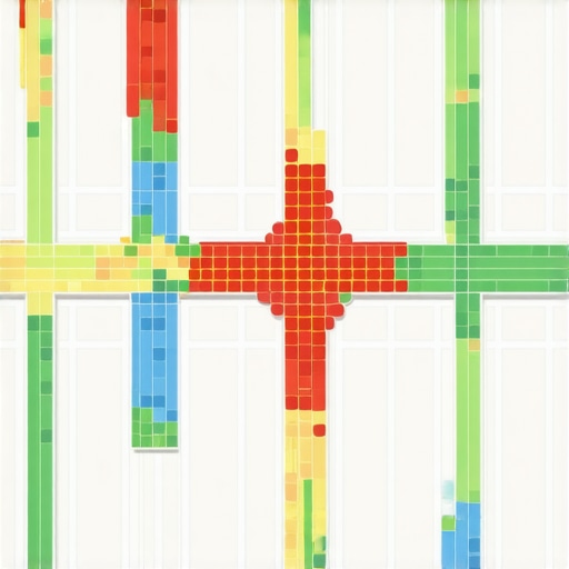 Local SEO Proximity Heatmap Analysis A local SEO heatmap showing ranking fluctuations by neighborhood block.